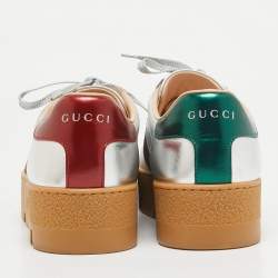 Gucci Silver Leather Bee Embroidered Ace Platform Sneakers Size 38