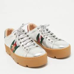 Gucci Silver Leather Bee Embroidered Ace Platform Sneakers Size 38