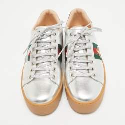 Gucci Silver Leather Bee Embroidered Ace Platform Sneakers Size 38