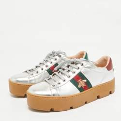 Gucci Silver Leather Bee Embroidered Ace Platform Sneakers Size 38