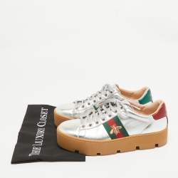 Gucci Silver Leather Bee Embroidered Ace Platform Sneakers Size 38