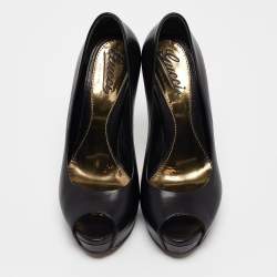 Gucci Black Leather Platform Peep Toe Pumps Size 37