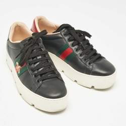 Pre Owned Gucci Black Leather Bee Embroidered Ace Platform Sneakers Size 38