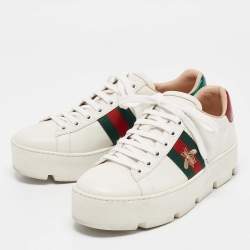 Gucci White Leather Bee Embroidered Ace Platform Sneakers Size 37.5