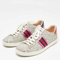 Gucci Silver Glitter Ace Web Low Top Sneakers Size 38.5