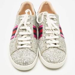 Gucci Silver Glitter Ace Web Low Top Sneakers Size 38.5