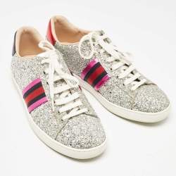 Gucci Silver Glitter Ace Web Low Top Sneakers Size 38.5