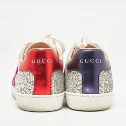 Gucci Silver Glitter Ace Web Low Top Sneakers Size 38.5