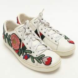 Gucci White Leather Ace Floral-Embroidered Web Low Top Sneakers Size 36