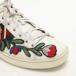 Gucci White Leather Ace Floral-Embroidered Web Low Top Sneakers Size 36