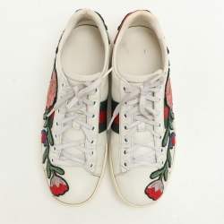 Gucci White Leather Ace Floral-Embroidered Web Low Top Sneakers Size 36