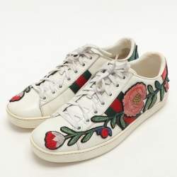 Gucci White Leather Ace Floral-Embroidered Web Low Top Sneakers Size 36