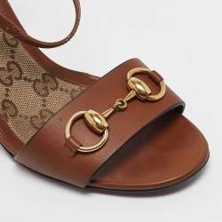 مملوكة مسبقًا Gucci Brown Leather Horsebit Ankle Strap Sandals Size 37.5