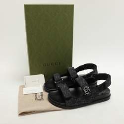 Gucci Black GG Denim and Leather Double G Flat Sandals Size 39