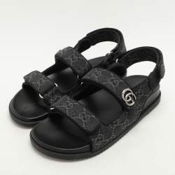 Gucci Black GG Denim and Leather Double G Flat Sandals Size 39