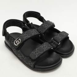 Gucci Black GG Denim and Leather Double G Flat Sandals Size 39