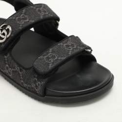 Gucci Black GG Denim and Leather Double G Flat Sandals Size 39