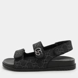 Gucci Black GG Denim and Leather Double G Flat Sandals Size 39