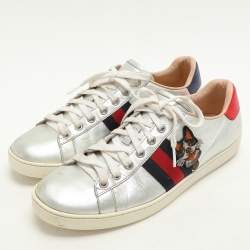 Gucci Silver Leather Ace Low Top Sneakers Size 39.5