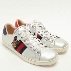 Gucci Silver Leather Ace Low Top Sneakers Size 39.5