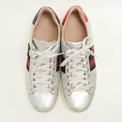Gucci Silver Leather Ace Low Top Sneakers Size 39.5