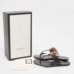 Gucci Black Leather GG Marmont Thong Flat Sandals Size 37