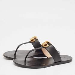 Gucci Black Leather GG Marmont Thong Flat Sandals Size 37