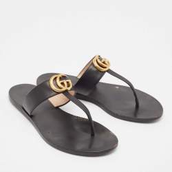 Gucci Black Leather GG Marmont Thong Flat Sandals Size 37