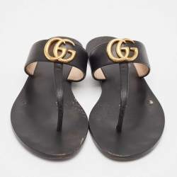 Gucci Black Leather GG Marmont Thong Flat Sandals Size 37