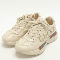 Gucci Cream Leather Rhyton Lace Up Sneakers Size 37.5