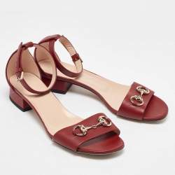 Pre Owned Gucci Red Leather Horsebit Ankle Strap Sandals Size 39