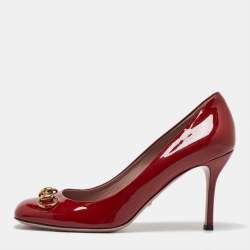 Pre Owned Gucci Red Patent Leather Jolene Horsebit Square Toe Pumps Size 39.5