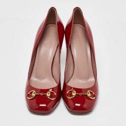 Pre Owned Gucci Red Patent Leather Jolene Horsebit Square Toe Pumps Size 39.5