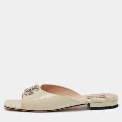 Gucci Cream Patent Leather GG Crystal Embellished Mules Size 39