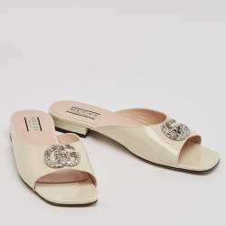 Gucci Cream Patent Leather GG Crystal Embellished Mules Size 39