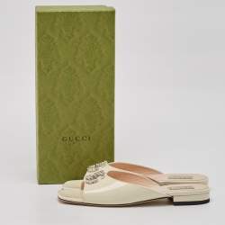 Gucci Cream Patent Leather GG Crystal Embellished Mules Size 39