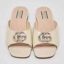 Gucci Cream Patent Leather GG Crystal Embellished Mules Size 39