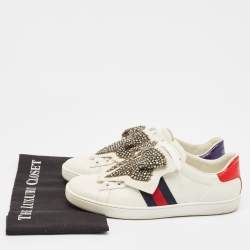 Pre Owned Gucci White Leather Ace Bow Patch Sneakers Size 38.5