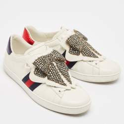 Pre Owned Gucci White Leather Ace Bow Patch Sneakers Size 38.5