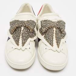 Pre Owned Gucci White Leather Ace Bow Patch Sneakers Size 38.5