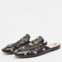Gucci Black Leather  Bee And Star Embroidered Princetown Mules Size 41