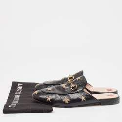 Gucci Black Leather  Bee And Star Embroidered Princetown Mules Size 41