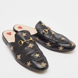 Gucci Black Leather  Bee And Star Embroidered Princetown Mules Size 41