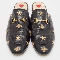 Gucci Black Leather  Bee And Star Embroidered Princetown Mules Size 41