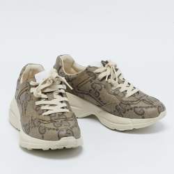 Gucci Beige Canvas Rhyton Lace Up Sneakers Size 38