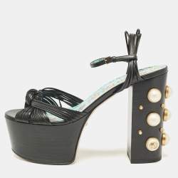 Gucci Black Leather Pearl & Stud Embellished Platform Sandals Size 39