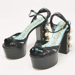 Gucci Black Leather Pearl & Stud Embellished Platform Sandals Size 39