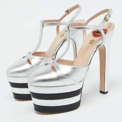 Gucci Silver Leather Angel T-Strap Platform Sandals Size 37