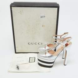 Gucci Silver Leather Angel T-Strap Platform Sandals Size 37