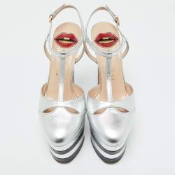 Gucci Silver Leather Angel T-Strap Platform Sandals Size 37